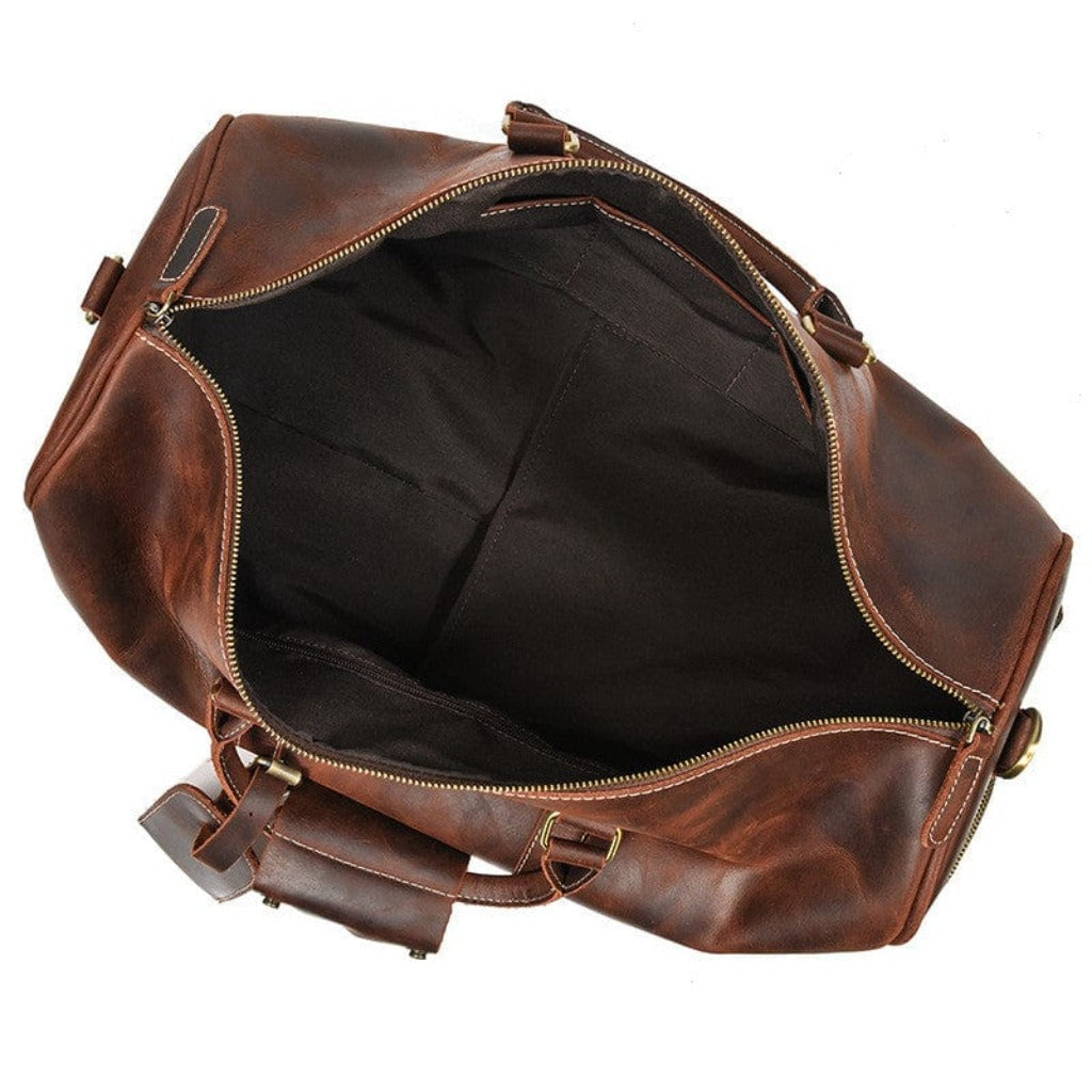 Sleek and fashionable brown leather crossbody carry-on duffle