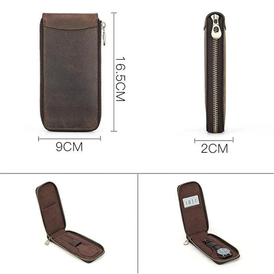 Brown Single Slot Leather Zippered Watch Pouch - Leather Purse Backpack