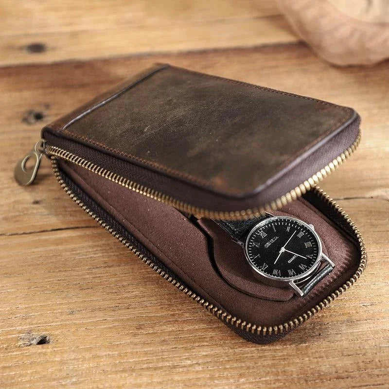 Brown Single Slot Leather Zippered Watch Pouch - Leather Purse Backpack