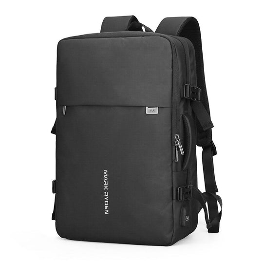 Black travel backpack with expandable feature and charging port