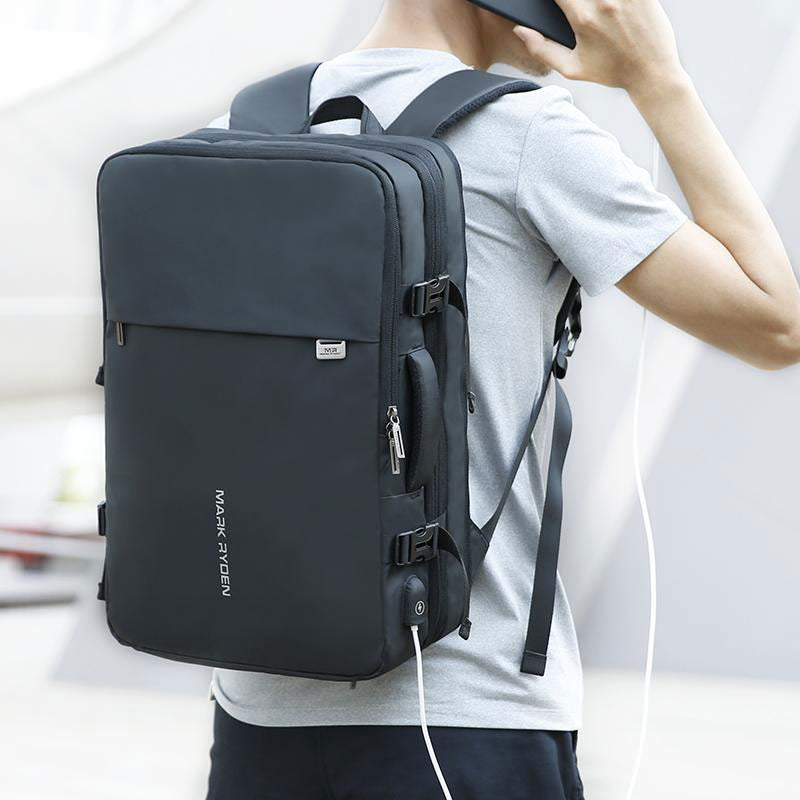 Black expandable backpack with charging port