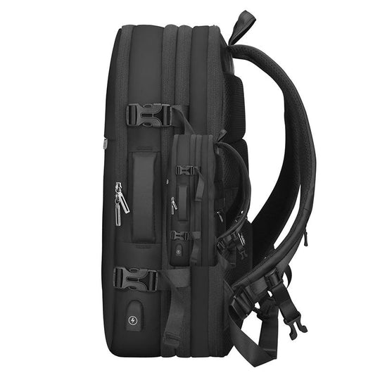 Black backpack with expandable design and charging capability