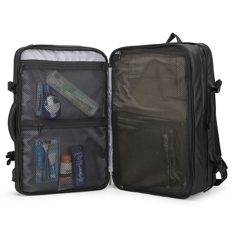 Black expandable daypack with built-in charging port