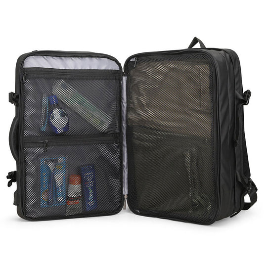 Black expandable daypack with built-in charging port