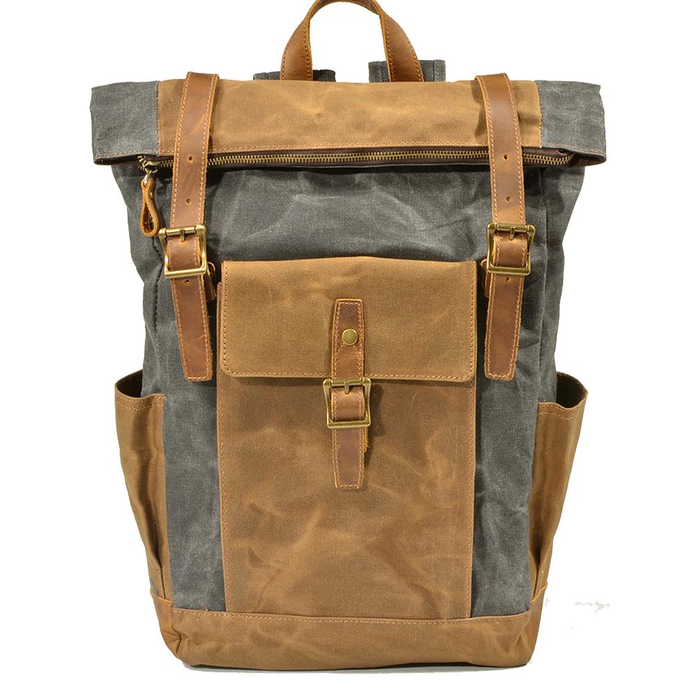 Stylish Men's Canvas Backpack with Padded Laptop Compartment - Leather Purse Backpack