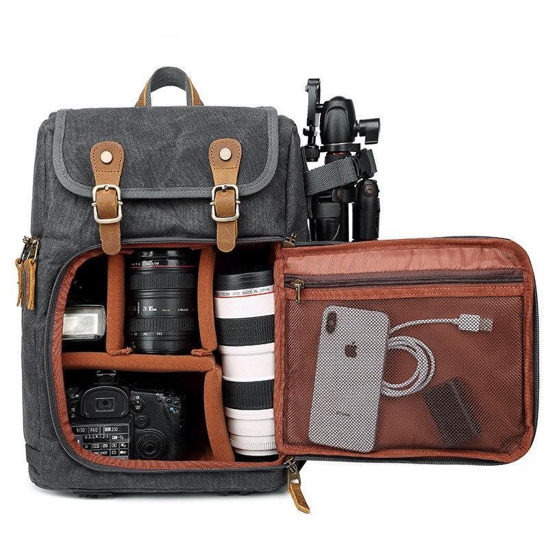 Durable Canvas Camera Bag with Padded Compartments - Leather Purse Backpack