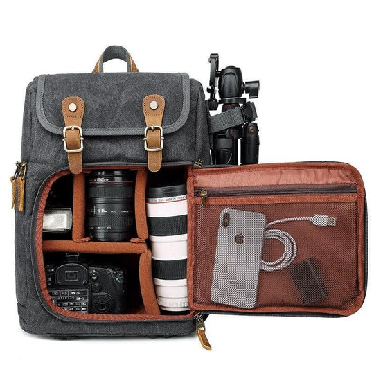 Durable Canvas Camera Bag with Padded Compartments - Leather Purse Backpack