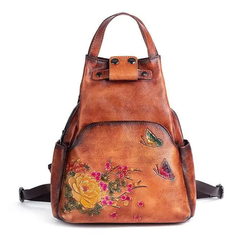 Genuine leather hiking backpack with a luxury floral design and large capacity