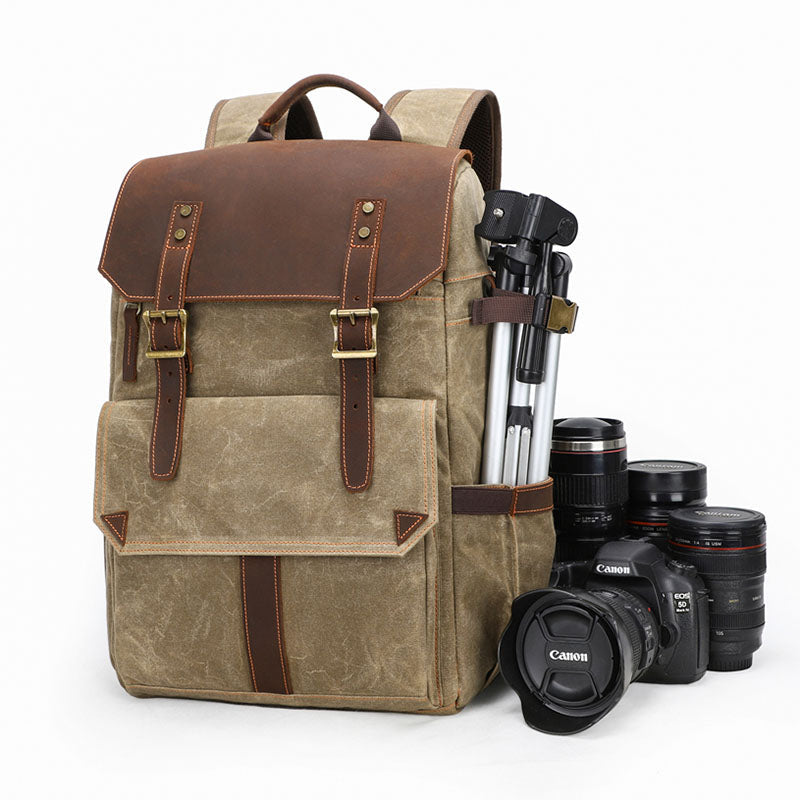 Handmade waxed canvas photography backpack