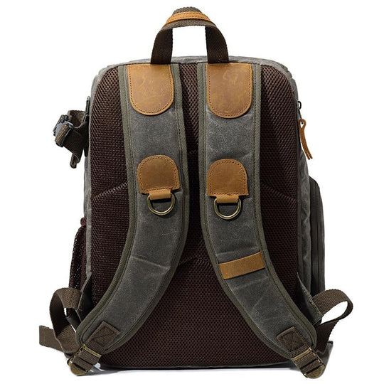 Durable Canvas Camera Bag with Padded Compartments - Leather Purse Backpack
