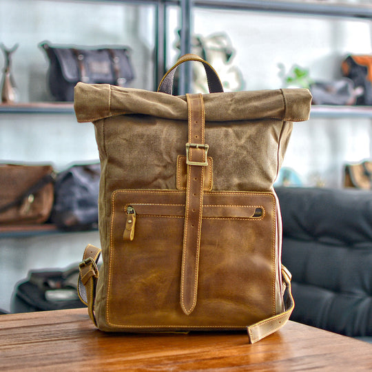 Elegant Waxed Canvas Rucksack for Commuting and Exploration - Leather Purse Backpack