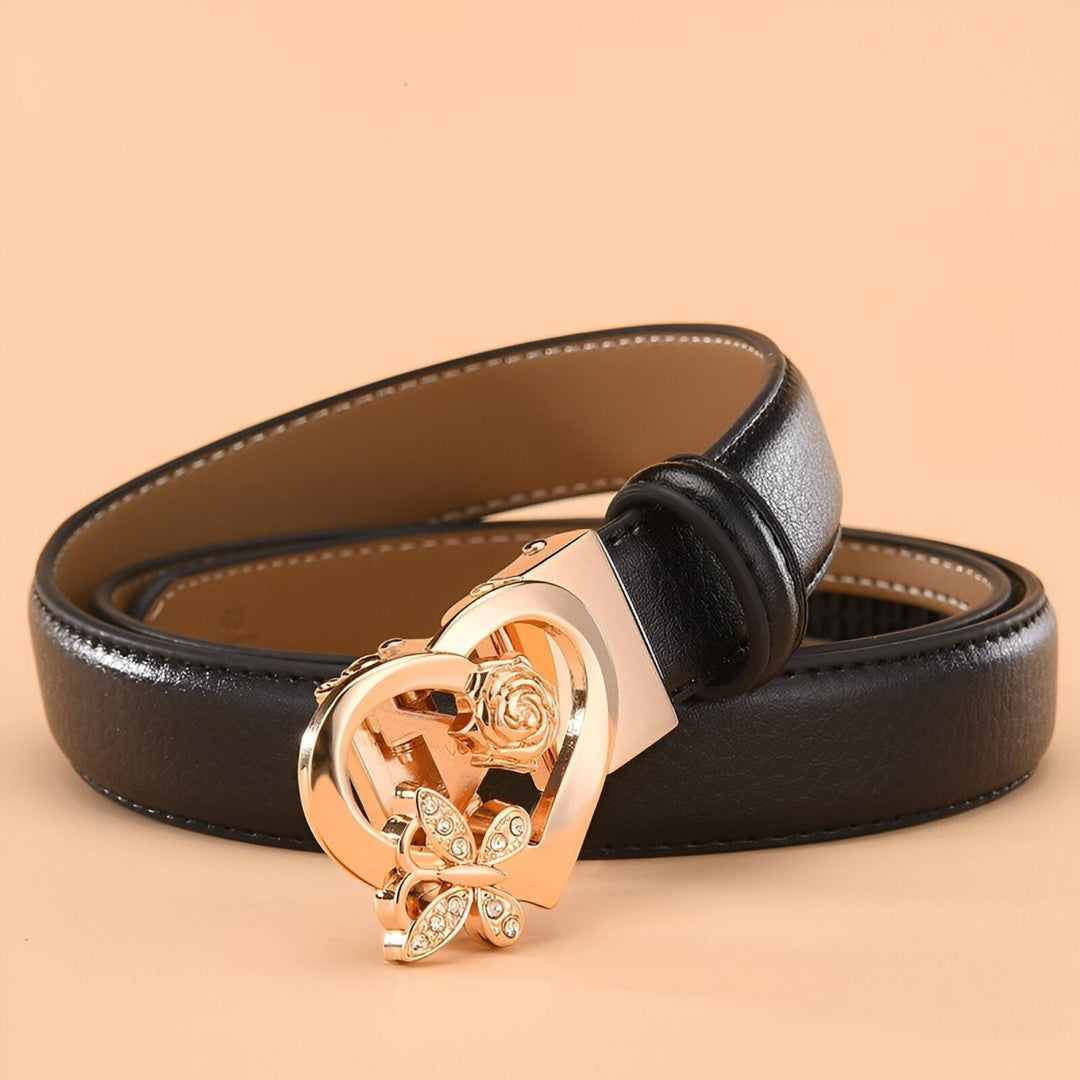 Leather Belt With Heart and Butterfly Buckle, Adela Model - Leather Purse Backpack