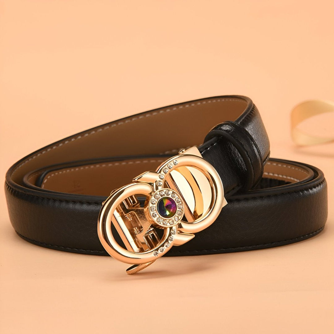 Leather Belt With Gold Buckle and Rhinestones, Manica Model - Leather Purse Backpack