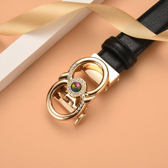Leather Belt With Gold Buckle and Rhinestones, Manica Model - Leather Purse Backpack