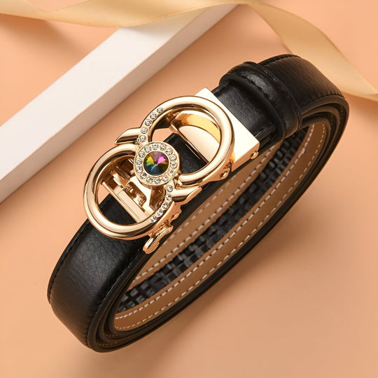 Leather Belt With Gold Buckle and Rhinestones, Manica Model - Leather Purse Backpack