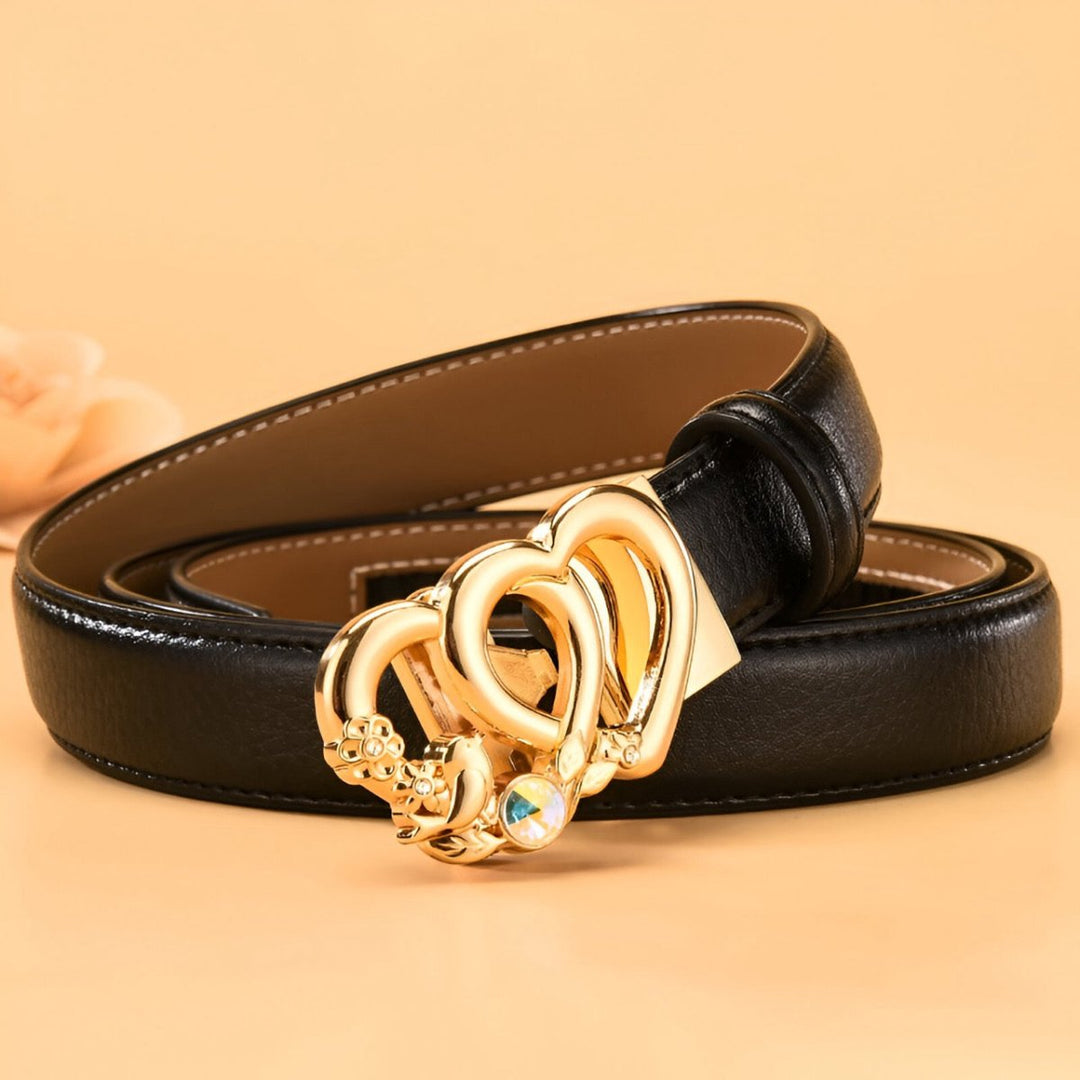 Automatic Leather Belt With Double Heart Buckle For Women, Kiara Model - Leather Purse Backpack
