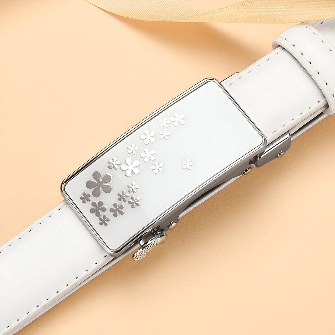 Automatic Leather Belt With Flower Buckle, Mila Model - Leather Purse Backpack