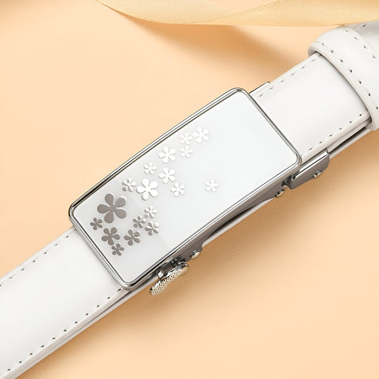 Automatic Leather Belt With Flower Buckle, Mila Model - Leather Purse Backpack