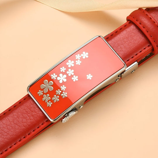 Automatic Leather Belt With Flower Buckle, Mila Model - Leather Purse Backpack