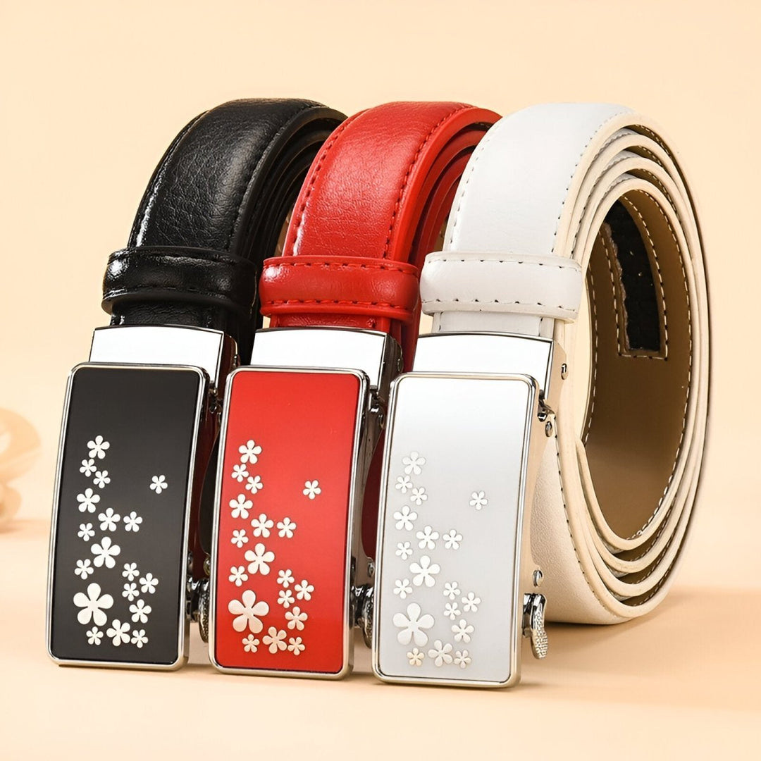Automatic Leather Belt With Flower Buckle, Mila Model - Leather Purse Backpack