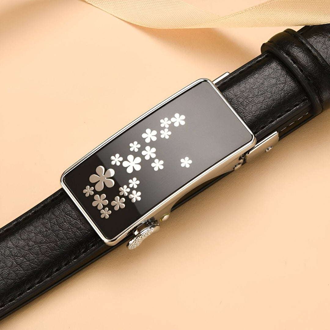 Automatic Leather Belt With Flower Buckle, Mila Model - Leather Purse Backpack