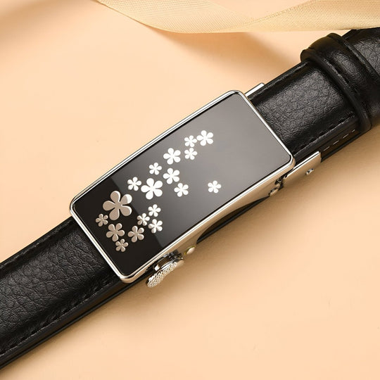 Automatic Leather Belt With Flower Buckle, Mila Model - Leather Purse Backpack