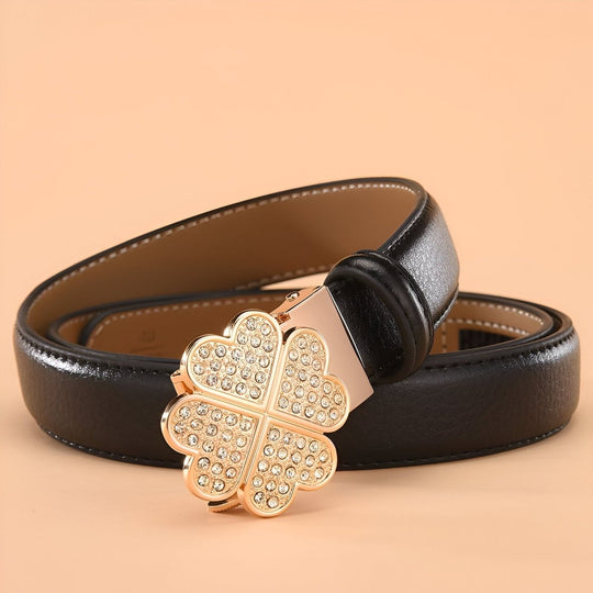 Leather Belt With Rhinestone Clover Buckle, Selina Model - Leather Purse Backpack