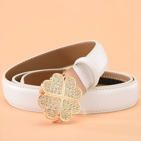 Leather Belt With Rhinestone Clover Buckle, Selina Model - Leather Purse Backpack