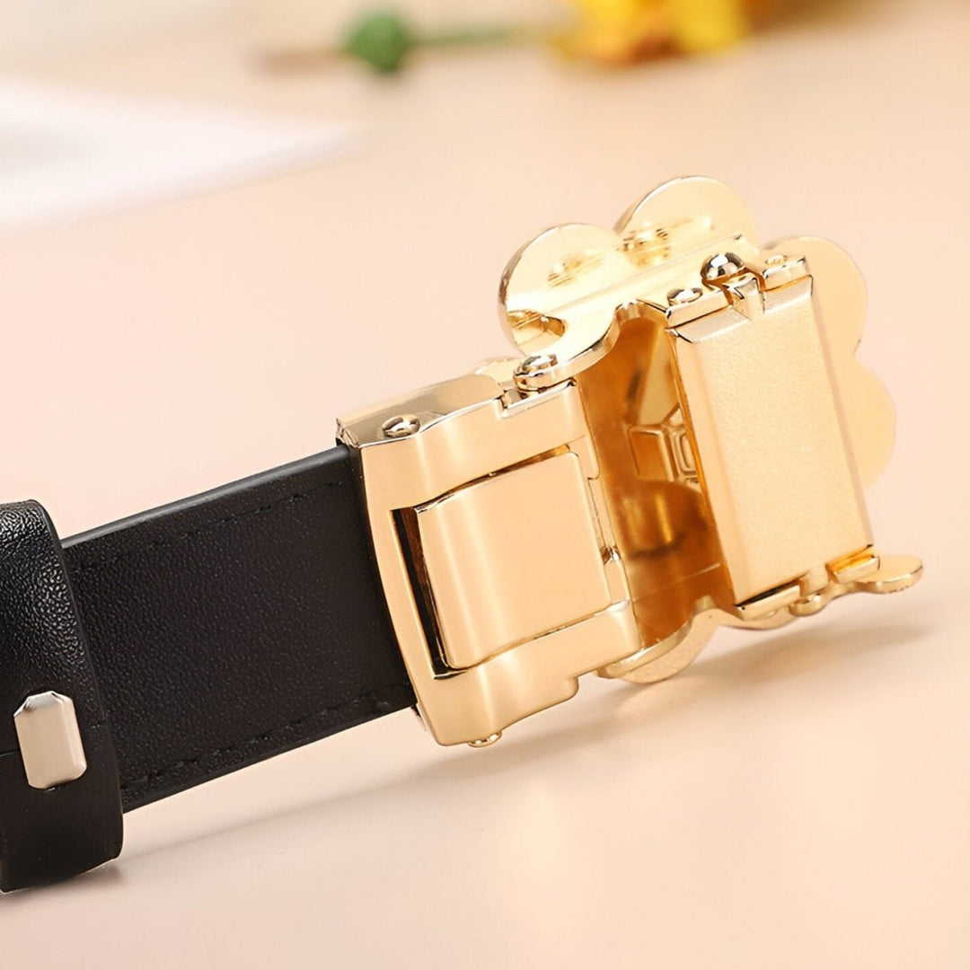 Leather Belt With Rhinestone Clover Buckle, Selina Model - Leather Purse Backpack
