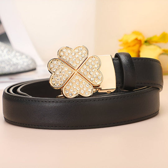 Leather Belt With Rhinestone Clover Buckle, Selina Model - Leather Purse Backpack