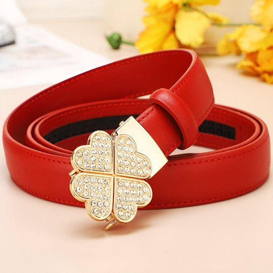 Leather Belt With Rhinestone Clover Buckle, Selina Model - Leather Purse Backpack