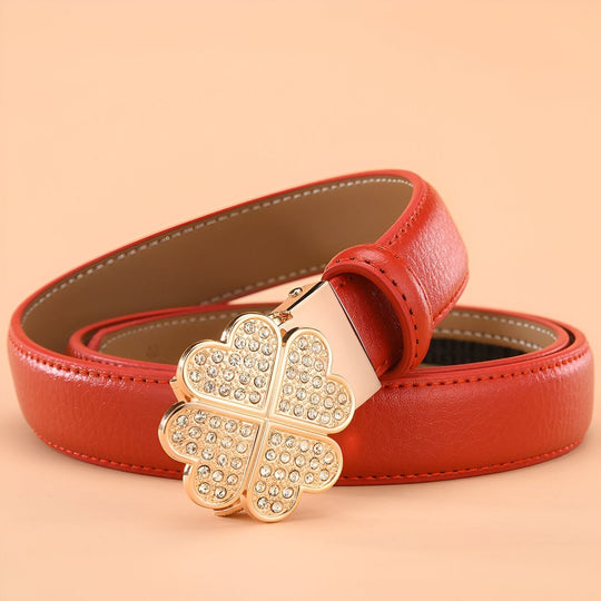 Leather Belt With Rhinestone Clover Buckle, Selina Model - Leather Purse Backpack