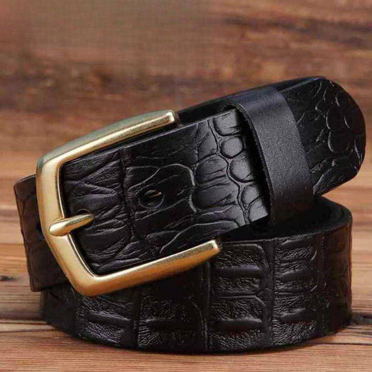 Crocodile Effect Leather Belt With Gold Buckle For Men, Garri Model - Leather Purse Backpack