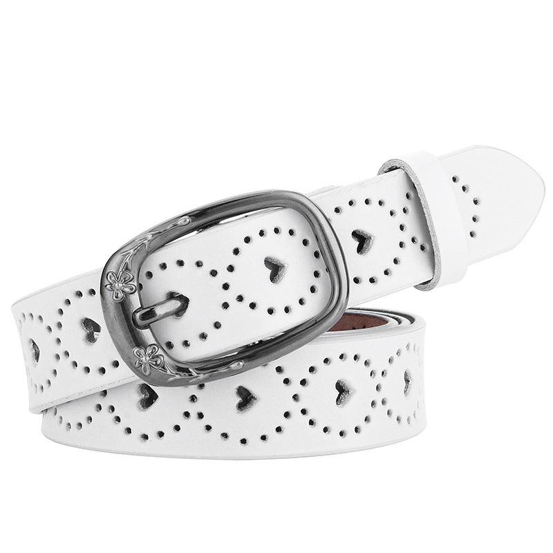 Openwork Leather Belt For Women With Heart Patterns, Talma Model - Leather Purse Backpack