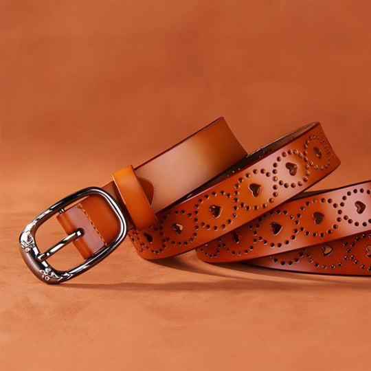 Openwork Leather Belt For Women With Heart Patterns, Talma Model - Leather Purse Backpack
