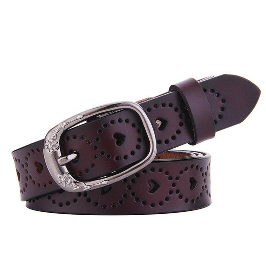 Openwork Leather Belt For Women With Heart Patterns, Talma Model - Leather Purse Backpack