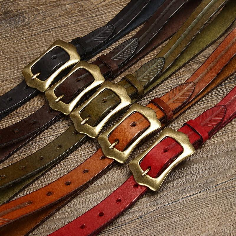 Leather Belt With Feather Pattern, For Women, Radhika Model - Leather Purse Backpack