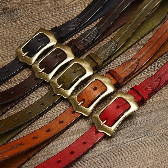 Leather Belt With Feather Pattern, For Women, Radhika Model - Leather Purse Backpack