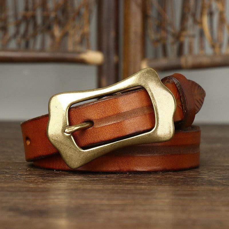Leather Belt With Feather Pattern, For Women, Radhika Model - Leather Purse Backpack