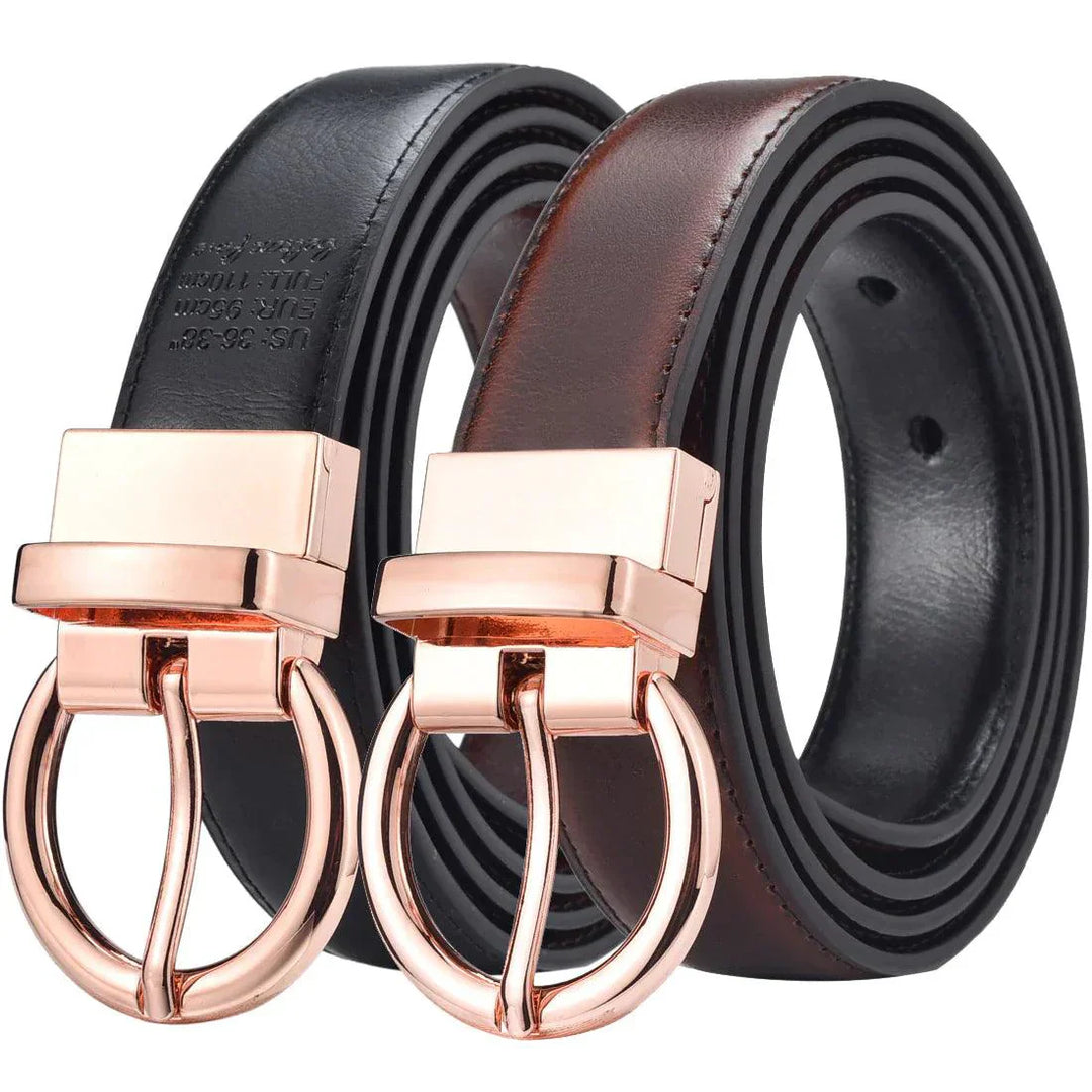 Reversible 2 in 1 Leather Belt, Rose Gold Buckle, Chloé Model - Leather Purse Backpack
