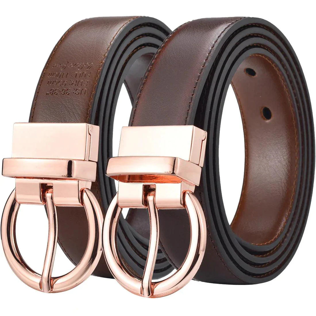 Reversible 2 in 1 Leather Belt, Rose Gold Buckle, Chloé Model - Leather Purse Backpack