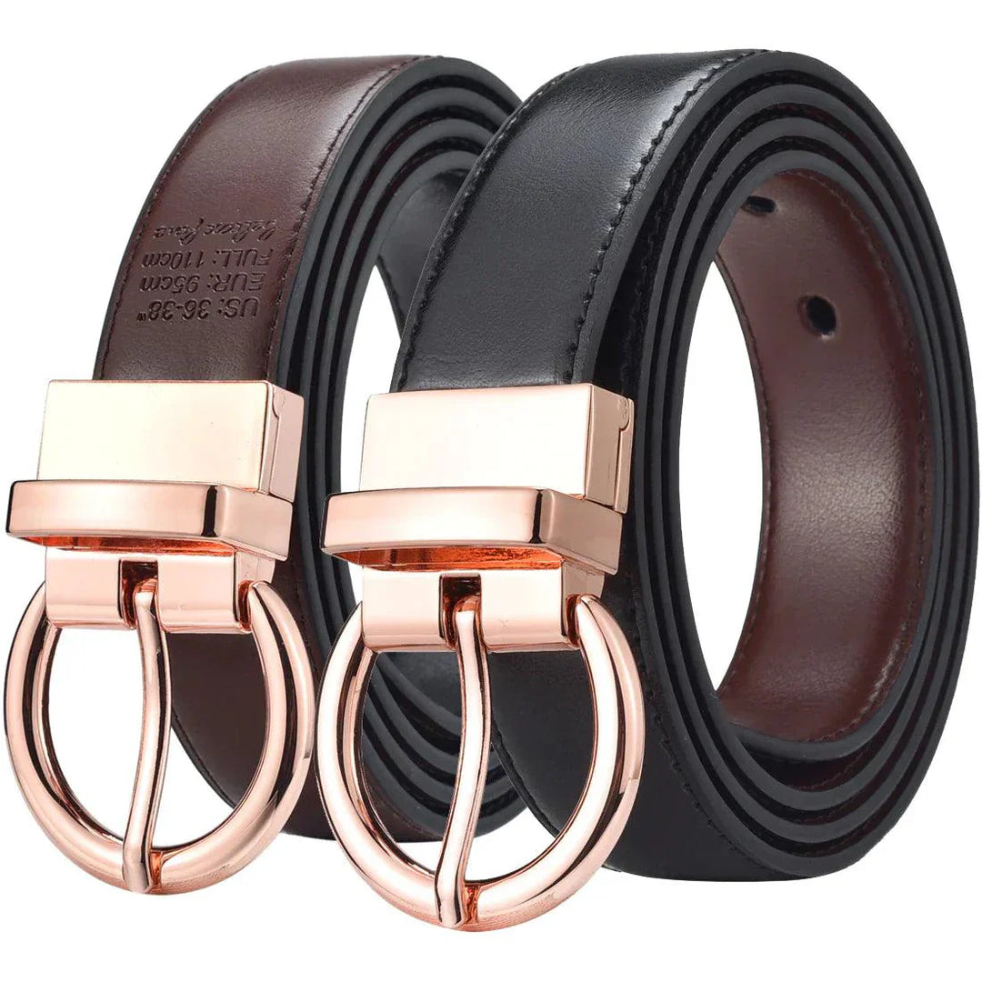 Reversible 2 in 1 Leather Belt, Rose Gold Buckle, Chloé Model - Leather Purse Backpack