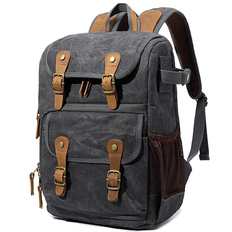 Durable Canvas Camera Bag with Padded Compartments - Leather Purse Backpack