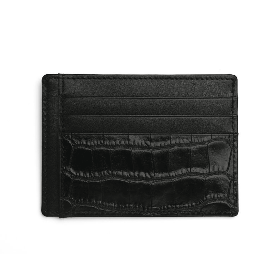 Crocodile Pattern Smooth Black Leather Card Holder - Leather Purse Backpack