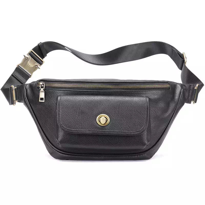 Retro men's black leather chest bag with crossbody design