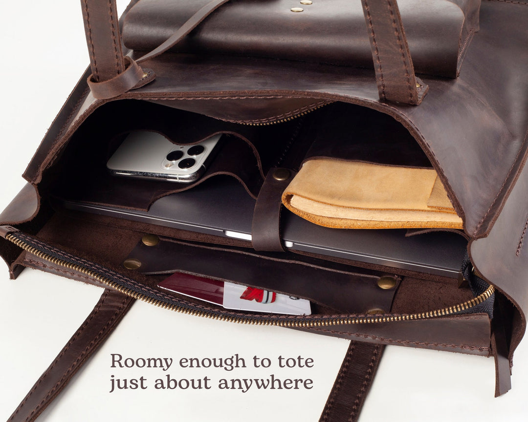 Ladies Leather Laptop Bag, Large Tote Bag with Outside Pocket, Classic Women Bag with Long Handles