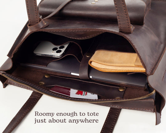 Ladies Leather Laptop Bag, Large Tote Bag with Outside Pocket, Classic Women Bag with Long Handles