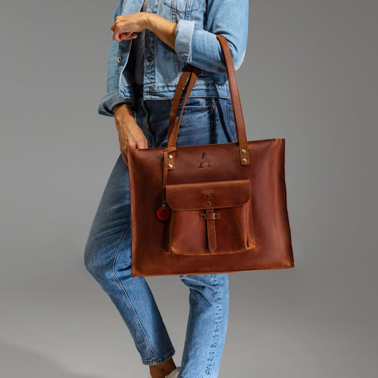 Ladies Leather Laptop Bag, Large Tote Bag with Outside Pocket, Classic Women Bag with Long Handles
