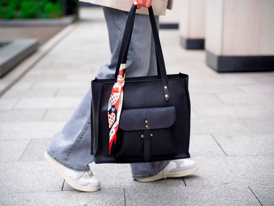 Ladies Leather Laptop Bag, Large Tote Bag with Outside Pocket, Classic Women Bag with Long Handles