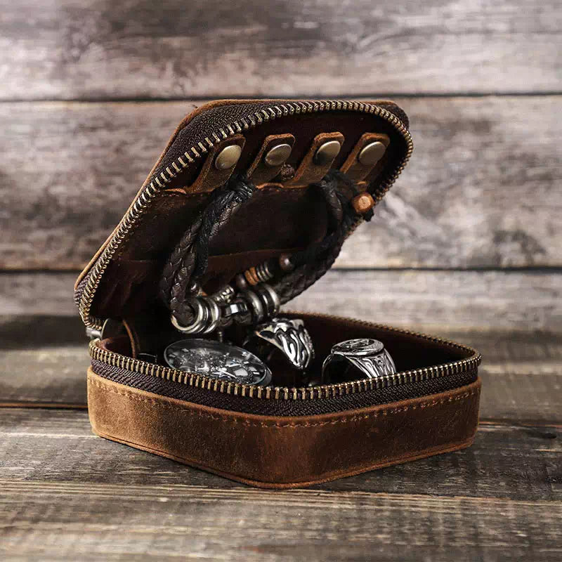 Portable small leather jewelry travel case